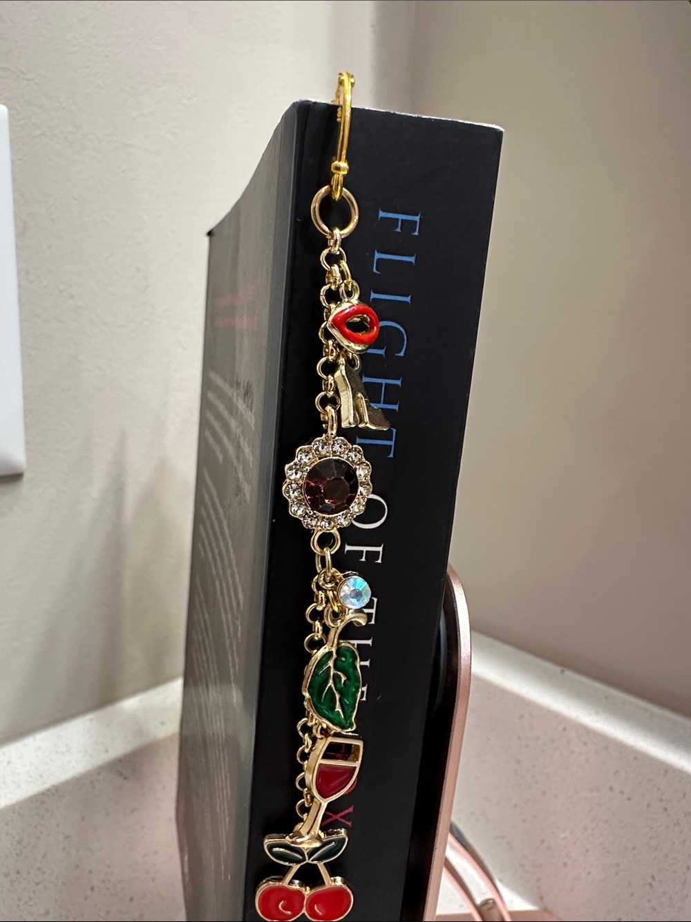 Gold Tone Dangle Bookmark with Red Cherry & Enamel Accents - Picture 3 of 6